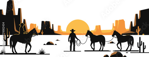 Cowboy herding horses through a desert landscape at sunset