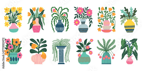Hand Drawn Potted Plant Vector Set, Colorful Flower Vase Illustrations and Decorative Houseplants