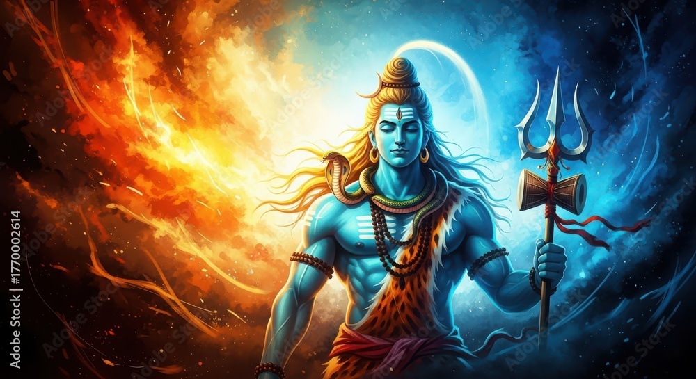 Naklejka premium Shiva divine power mystical cosmic energy spiritual deity hindu god vibrant color