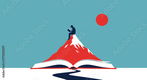 Person reads on mountaintop emerging from open book under a red sun