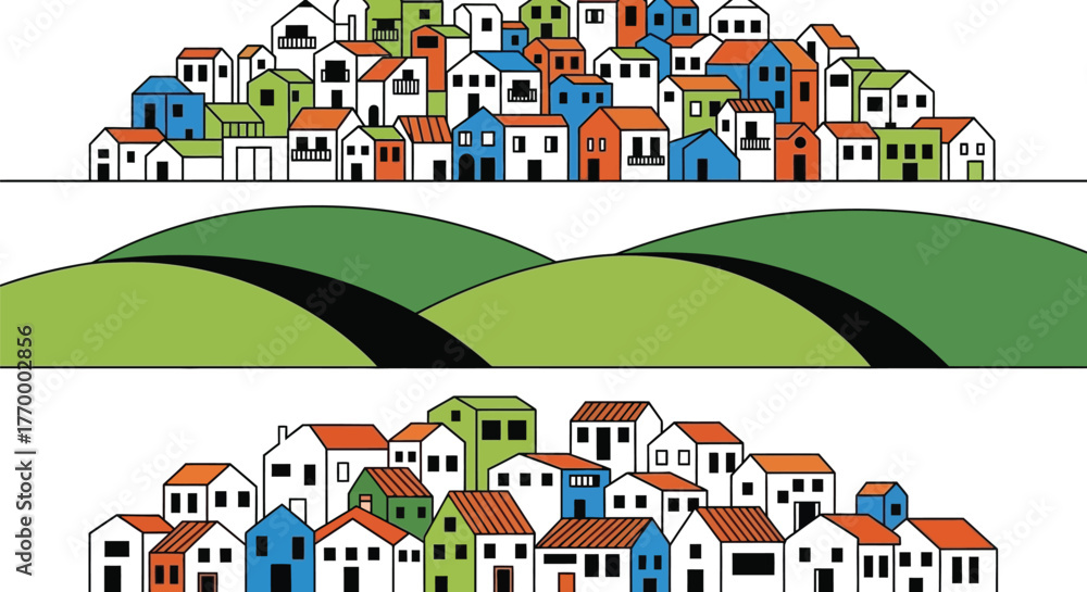 Naklejka premium Charming colorful village nestled in rolling green hills