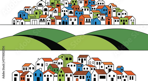 Charming colorful village nestled in rolling green hills