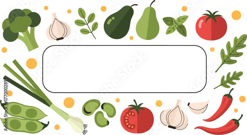 Fresh, vibrant vegetables and herbs arranged around a blank space for text.