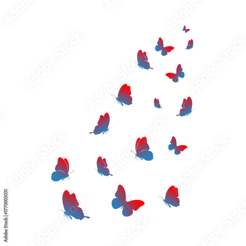 A flock of colorful butterflies fluttering against a clean white background.