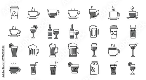 Collection of various drink icons in black and white.