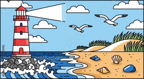 Coastal serenity with a guiding lighthouse and soaring seagulls over a sandy beach.