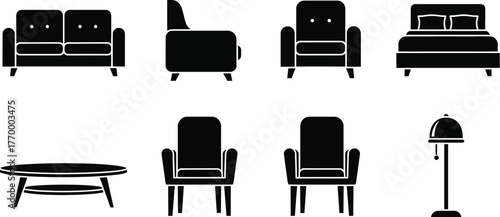 Collection of simple black furniture icons including sofas, armchairs, a bed, a coffee table, and a floor lamp.