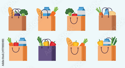 Assortment of grocery bags filled with fresh produce and staple items