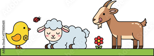 Adorable cartoon farm animals including a chick, sheep, and goat enjoy a sunny day outdoors.