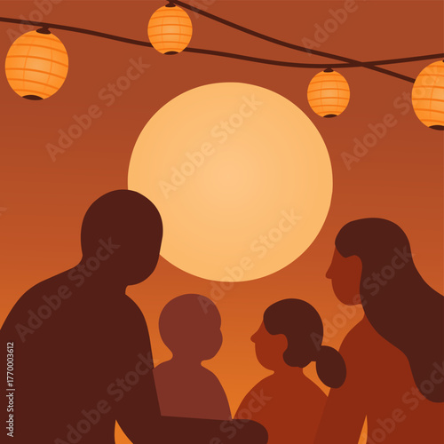 Simple Illustration Family Gathered Under Lanterns at Nighttime Gathering Scene