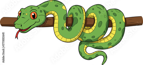Cartoon green snake with yellow spots, coiled on tree branch, playful reptile illustration, wildlife animal art, cad drawing flat vector illustration
