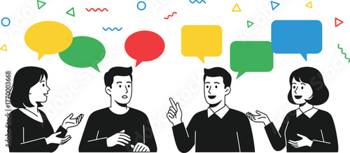 Diverse group of people engaged in lively conversation, sharing ideas with colorful speech bubbles