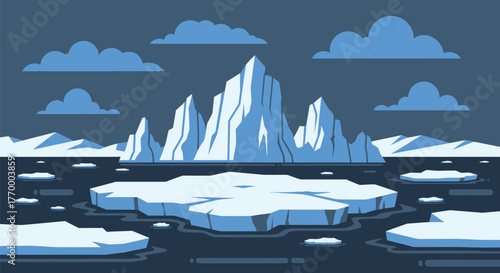 Majestic icebergs float in a vast, cold ocean under a cloudy sky.