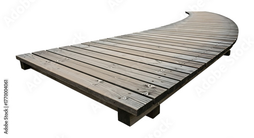 Weathered wooden boardwalk curving to the right with visible wood grain and knots isolated on a transparent background