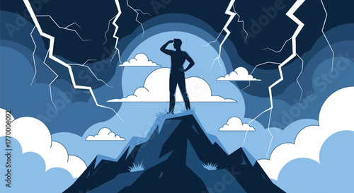 Silhouette of a determined person standing on a mountain peak, looking towards the horizon amidst a stormy sky with lightning.