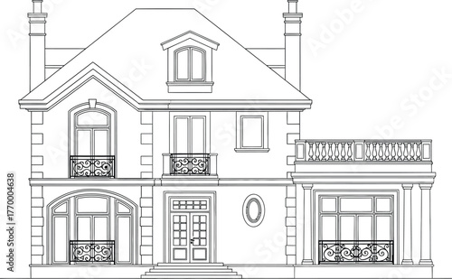 Elegant architectural sketch of a grand detached house with classic detailing and balconies