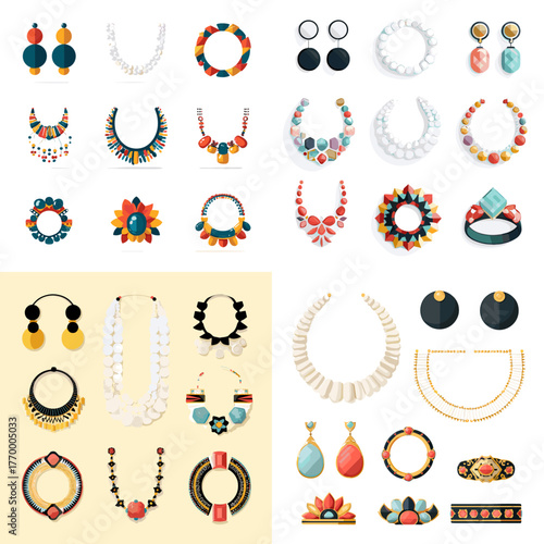 Elegant ethnic jewelry set including necklaces, earrings, and bracelets. Colorful handcrafted designs ideal for boho fashion, accessories, and traditional art concepts.