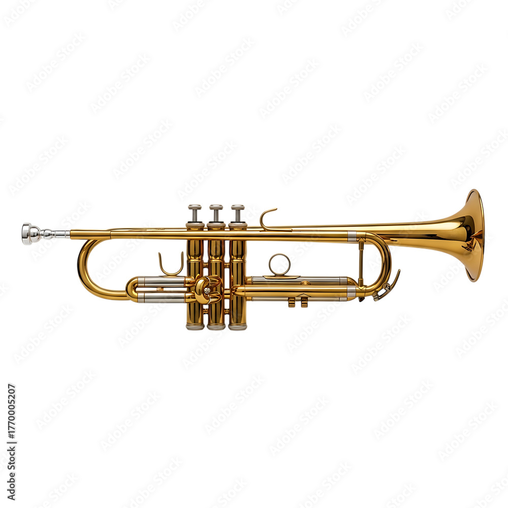 Obraz premium Shiny Gold Brass Trumpet with Silver Valves and Bell Detail isolated on a transparent background brass instrument