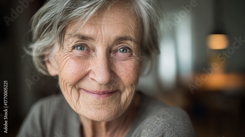 Joyful elderly woman with short gray hair smiling warmly at the camera in a cozy indoor atmosphere, showcasing happiness and contentment in later life.