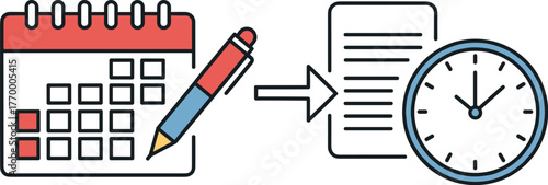 Illustration of calendar, pen, document, and clock representing time management and task completion vector illustration