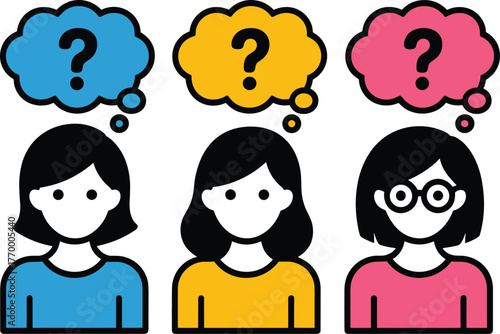 Three women with question marks above their heads vector illustration