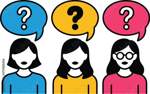 Three women with question marks above heads vector illustration