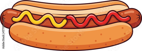 Cartoon hot dog with mustard and ketchup, colorful food vector, fast food illustration, tasty snack design, bun and sausage art