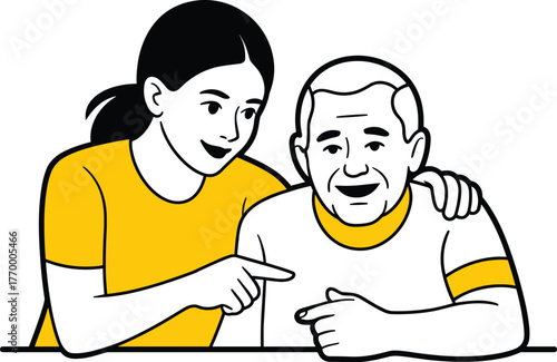 Caring woman with arm around an elderly man, pointing and talking with a warm expression vector illustration