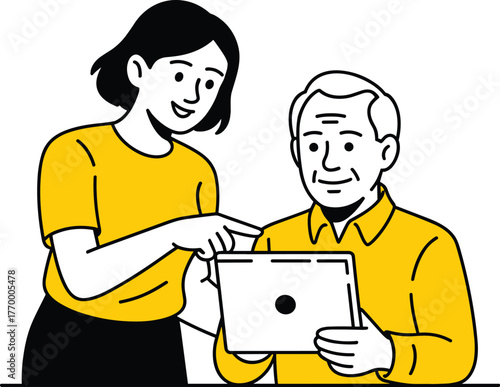 A woman showing a tablet to an elderly man, suggesting technology assistance or education for seniors vector illustration