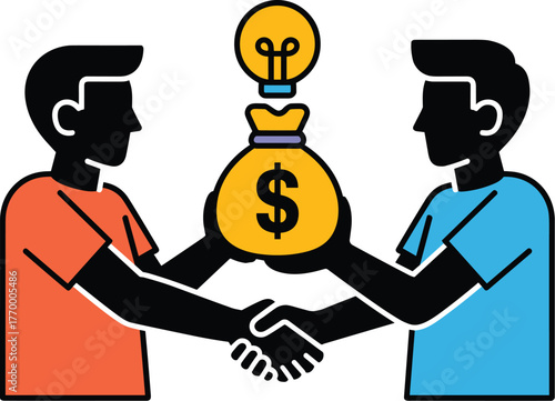 Two people shaking hands over a money bag with a lightbulb on top, symbolizing a business deal or investment vector illustration