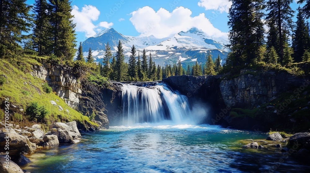 Fototapeta premium Tranquil scenery featuring a waterfall and towering trees.