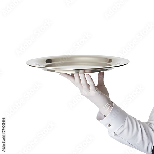 Elegant hand serving food on silver platter isolated