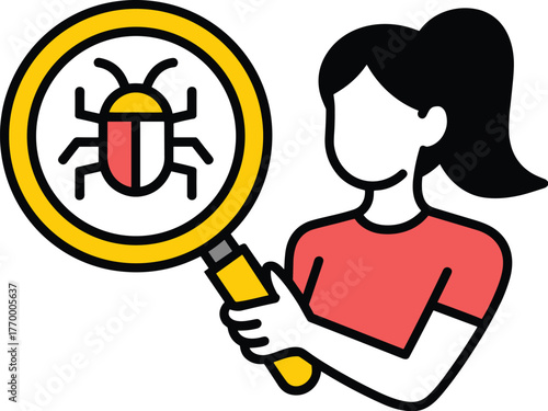 Woman holding magnifying glass to examine a bug vector illustration