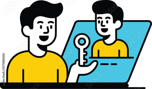 Man holding a key in front of a laptop screen showing another man vector illustration
