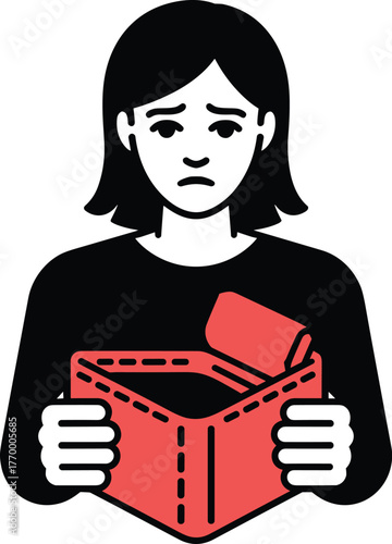 Woman looking sadly at an empty wallet, symbolizing financial hardship vector illustration