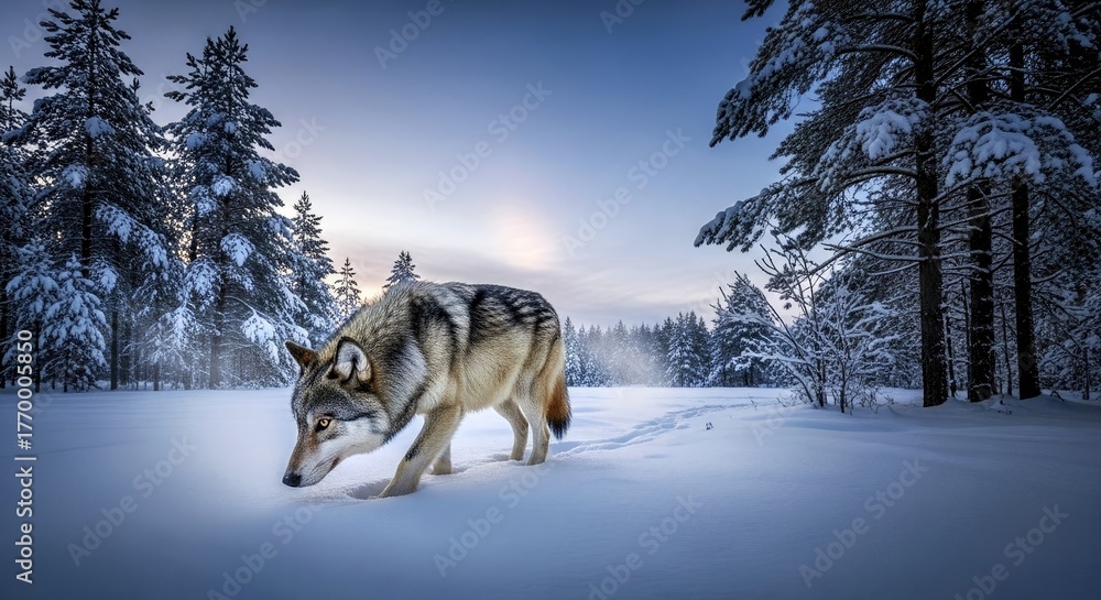 Naklejka premium A wolf tracking through fresh snow at twilight 1