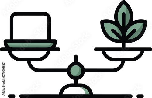 A balance scale weighing a plant against a block, representing environmental balance and sustainability vector illustration