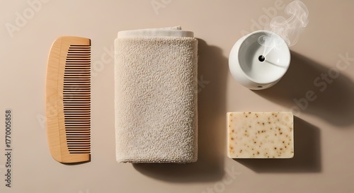 Spa Essentials Serene Scene with Towel, Comb, Soap, and Diffuser for Relaxation and Wellness