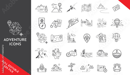 Adventure and Travel Outline Icons Set. Minimalist Vector Collection for Hiking, Exploration, Camping, and Outdoor Activity UI/UX Design Elements.