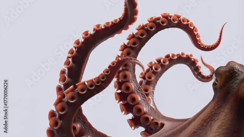 A highly detailed 3D video of an octopus gently moving its tentacles, isolated on a pure white seamless background. Each tentacle flows smoothly with natural organic motion, showing realistic suction.