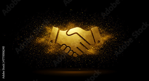 Sparkling golden handshake representing a successful and prosperous business deal, symbolizing mutual trust, strategic agreement, and strong collaboration between partners