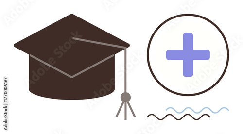 Graduation cap and medical cross linked by wavy lines symbolizing education, achievement, healthcare, and collaboration. Ideal for education, learning, healthcare, mentoring, achievement future