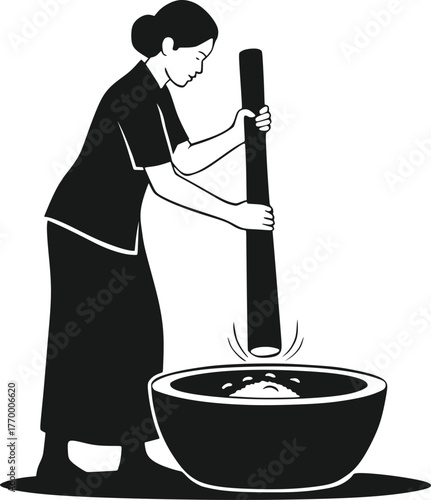 Silhouette of traditional woman pounding rice with mortar and pestle
