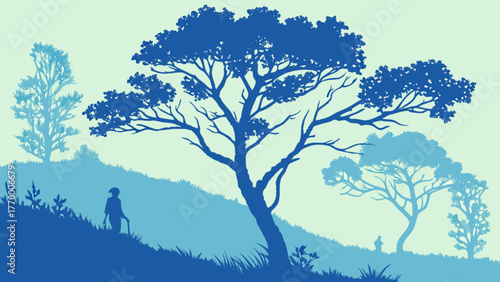 A serene landscape with a lone figure walking among trees on rolling hills, rendered in shades of blue, creating a peaceful and contemplative scene