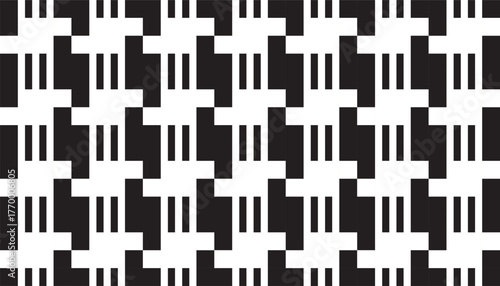 A seamless black and white geometric pattern featuring repeating stair-like block shapes and vertical lines. The bold contrast and structured rhythm give a modern, optical illusion effect