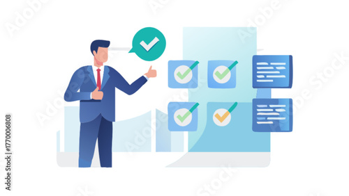 A man in a suit pointing at a checklist with green checkmarks, he is giving a thumbs up to show his approval