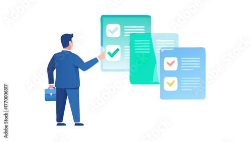 A man in a suit pointing at a checklist with green checkmarks, he is holding a briefcase