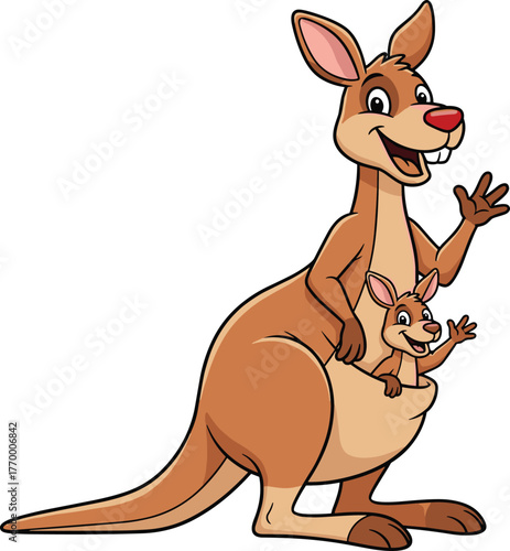 Cartoon kangaroo, cute joey, marsupial animal, wildlife illustration, Australian nature, happy kangaroo, pouch baby, smiling character, vector art, playful design
