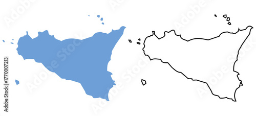 Sicily Region of Italy map vector illustration. Map with detailed outlines and blue silhouettes