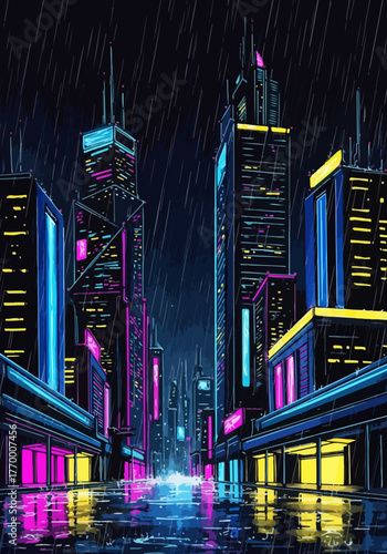 Modern Watercolor Illustration of a Futuristic Neon Cityscape in the Rain with Vibrant Colors